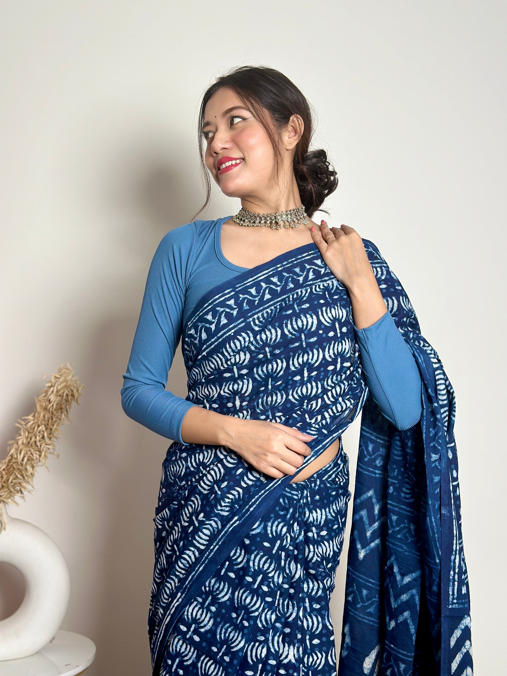 Indigo Lotus - Handblock Dabu in Natural Dyes - Cotton Mulmul Saree