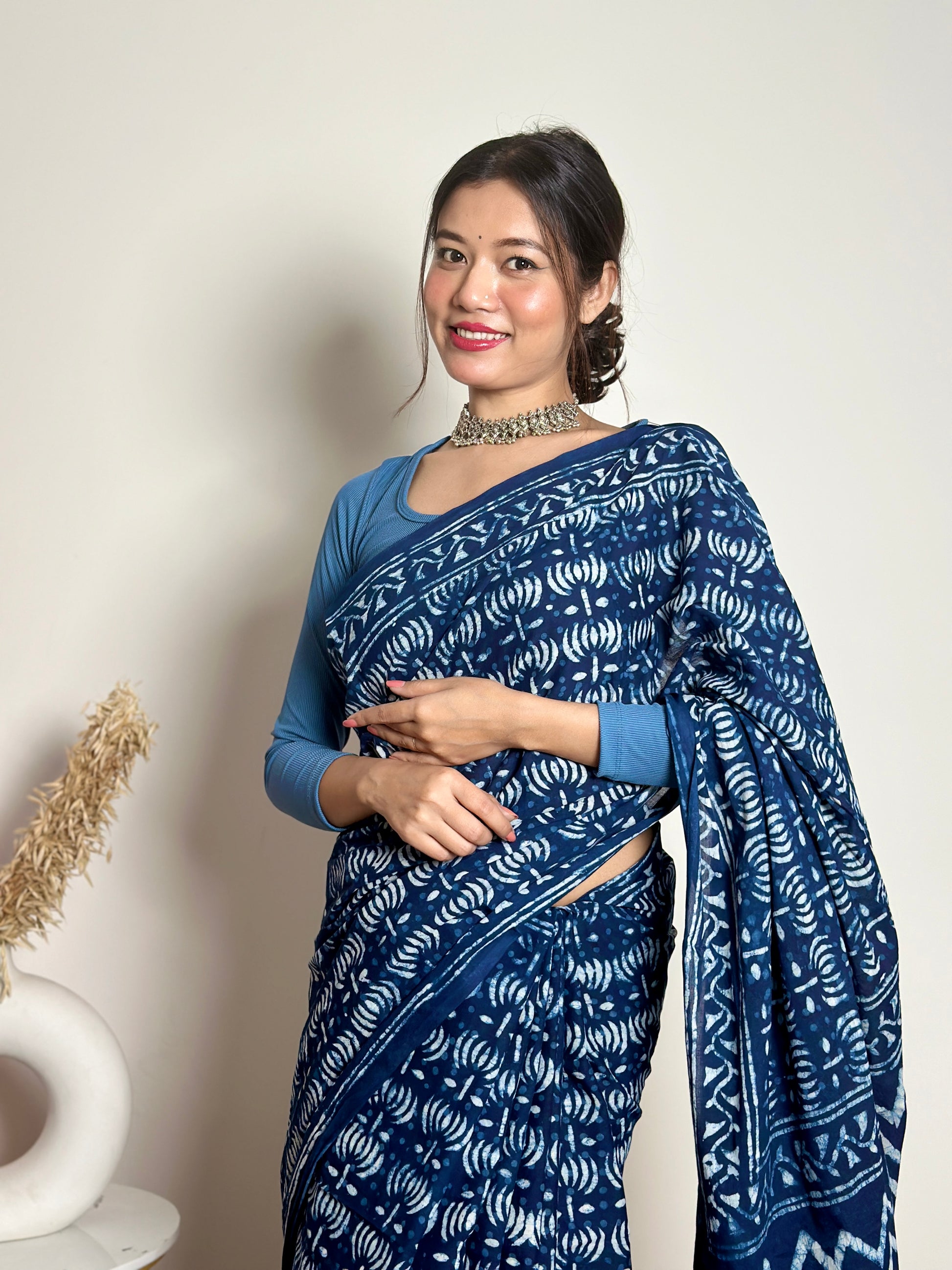 Indigo Lotus - Handblock Dabu in Natural Dyes - Cotton Mulmul Saree