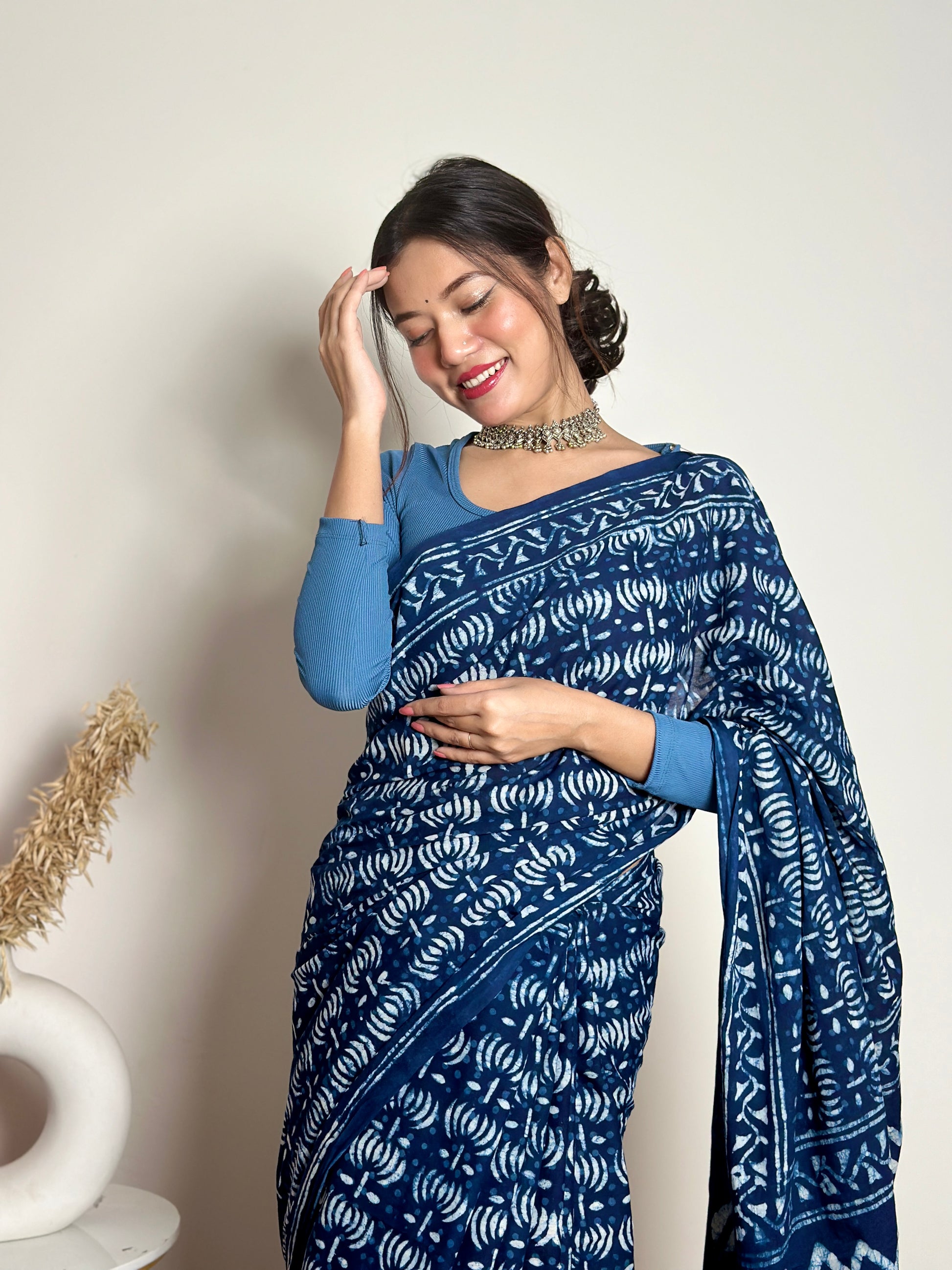 Indigo Lotus - Handblock Dabu in Natural Dyes - Cotton Mulmul Saree