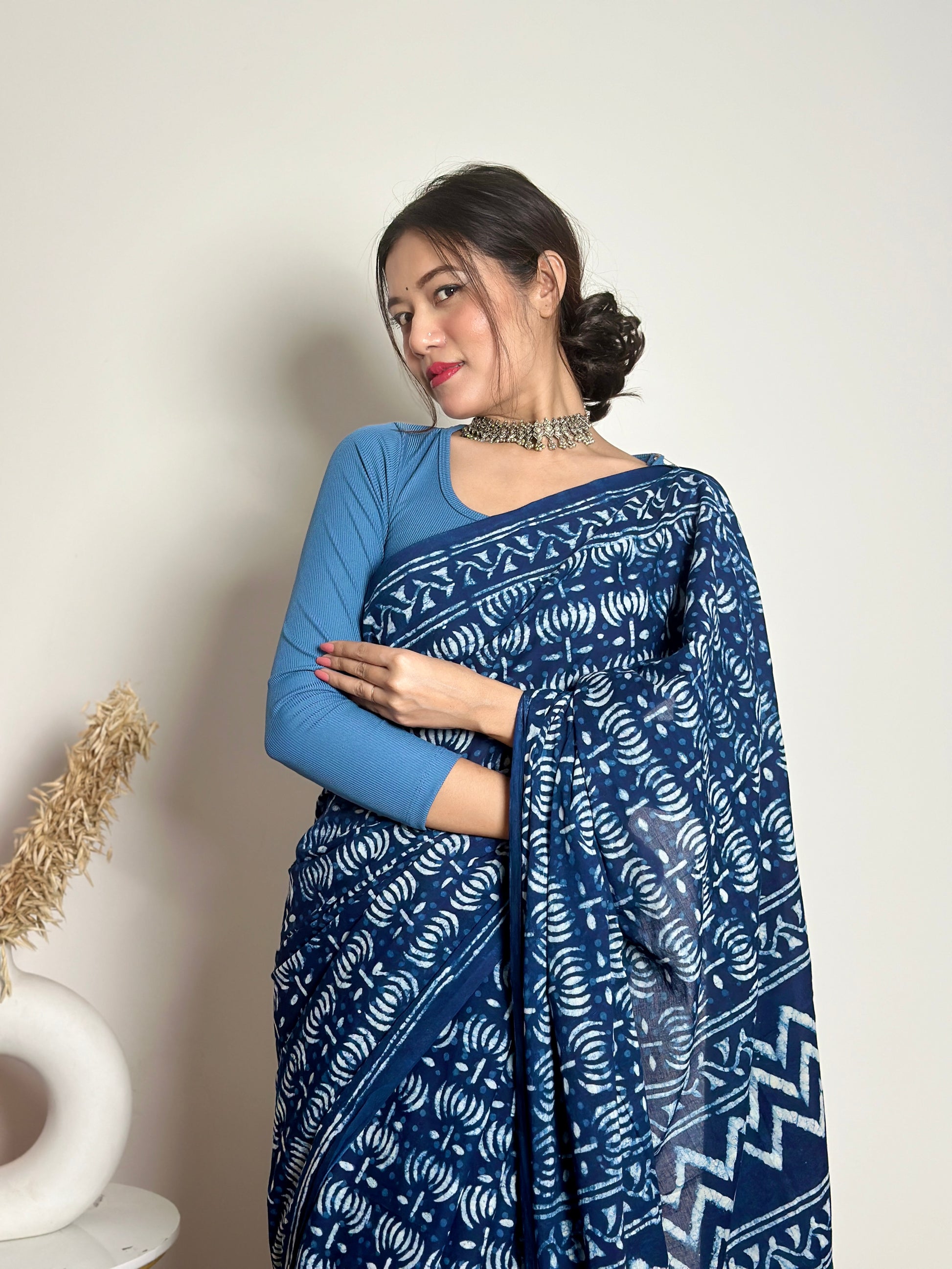 Indigo Lotus - Handblock Dabu in Natural Dyes - Cotton Mulmul Saree