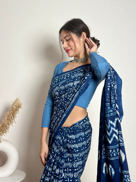 Indigo Lotus - Handblock Dabu in Natural Dyes - Cotton Mulmul Saree