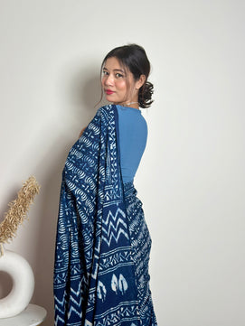 Indigo Lotus - Handblock Dabu in Natural Dyes - Cotton Mulmul Saree