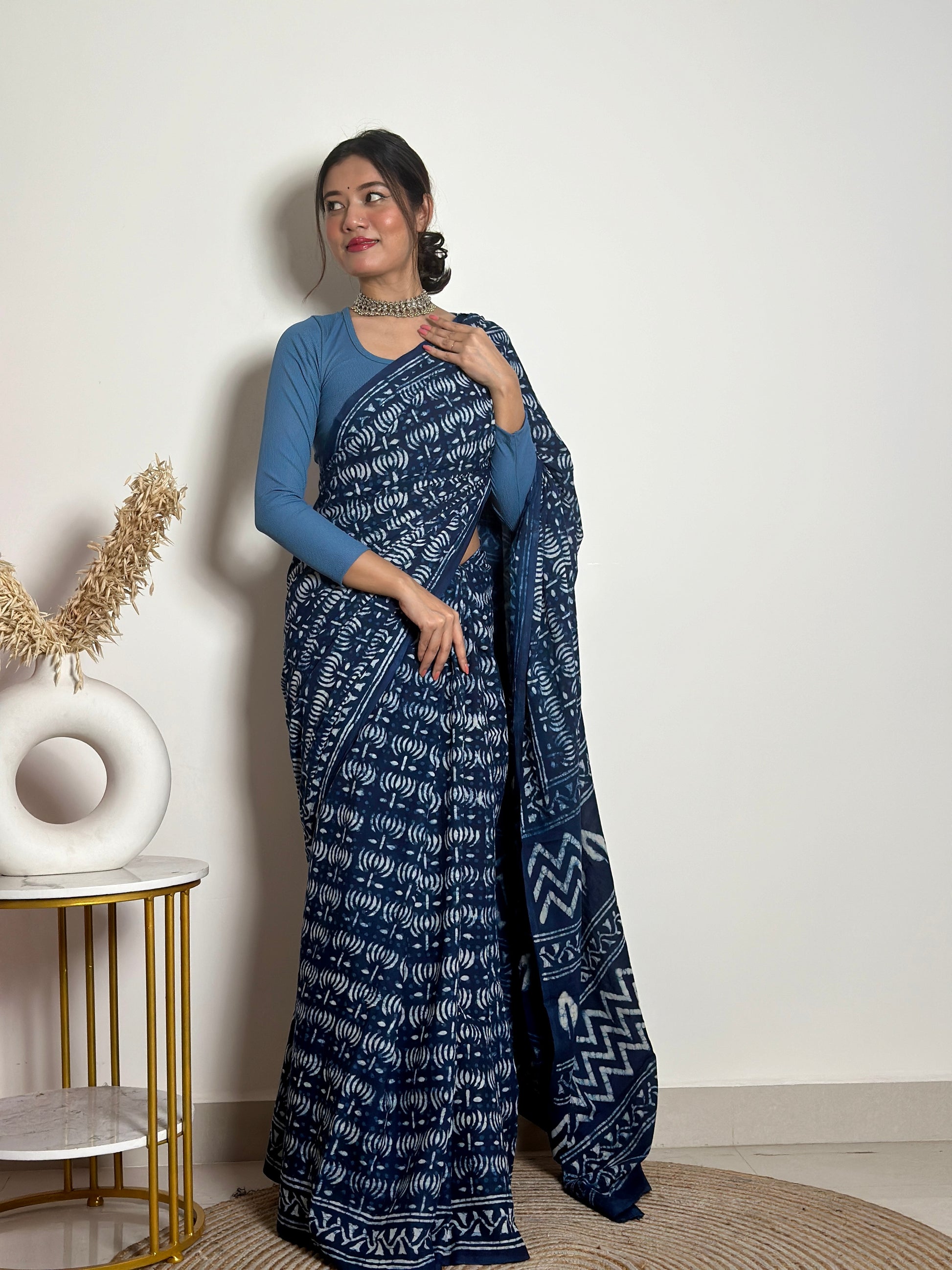 Indigo Lotus - Handblock Dabu in Natural Dyes - Cotton Mulmul Saree