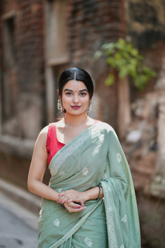 Mint Mojito - Handblock Print Natural Dyed - Mulmul Cotton Saree