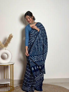 Indigo Lotus - Handblock Dabu in Natural Dyes - Cotton Mulmul Saree