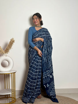 Indigo Lotus - Handblock Dabu in Natural Dyes - Cotton Mulmul Saree