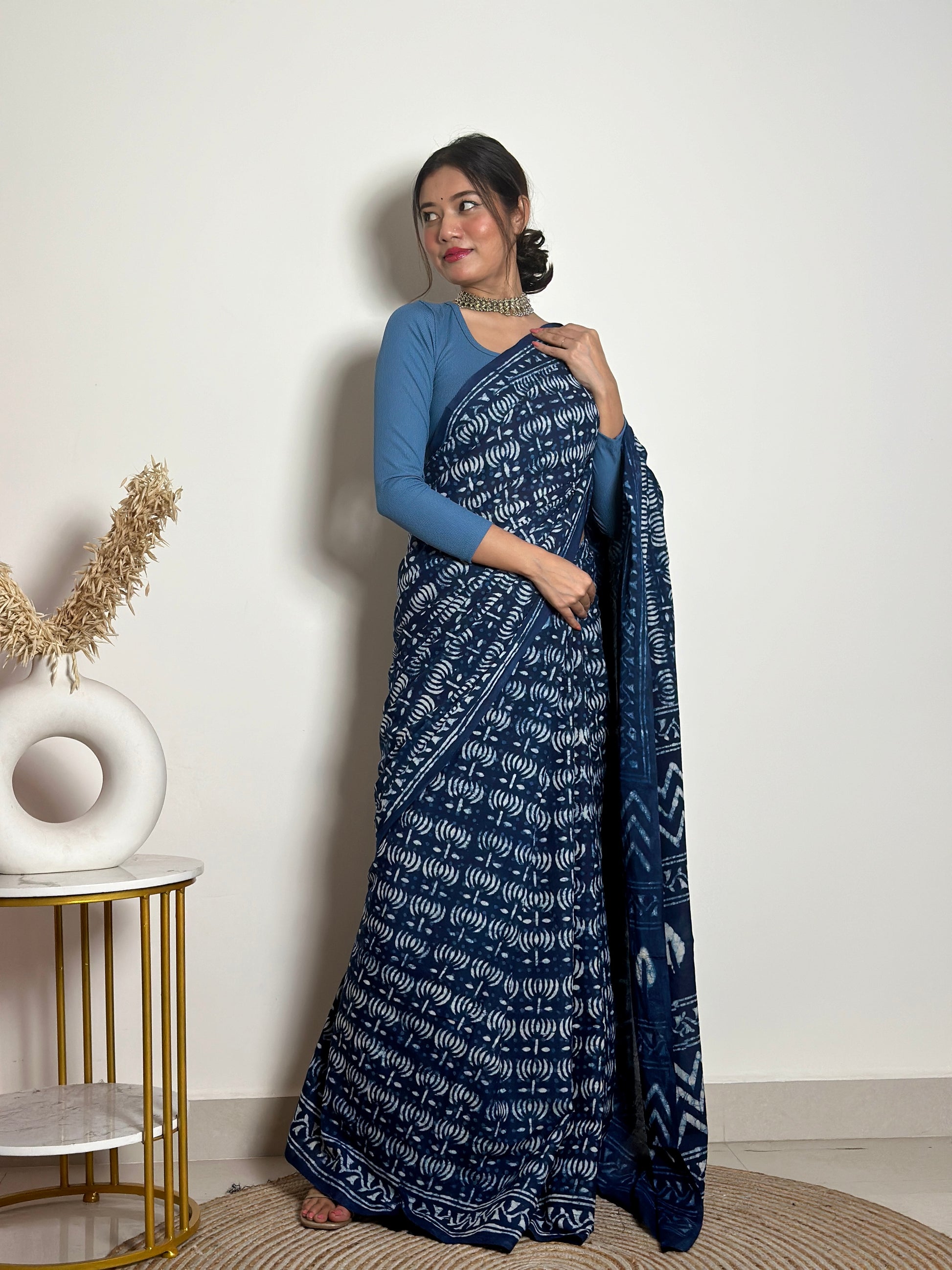 Indigo Lotus - Handblock Dabu in Natural Dyes - Cotton Mulmul Saree