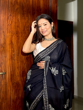 A Date Night: Black - Handblock Print Natural Dyed - Mulmul Cotton Saree