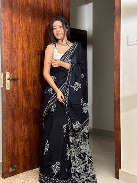 A Date Night: Black - Handblock Print Natural Dyed - Mulmul Cotton Saree