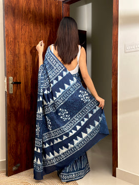 Indigo Light - Handblock Dabu in Natural Dyes - Cotton Mulmul Saree