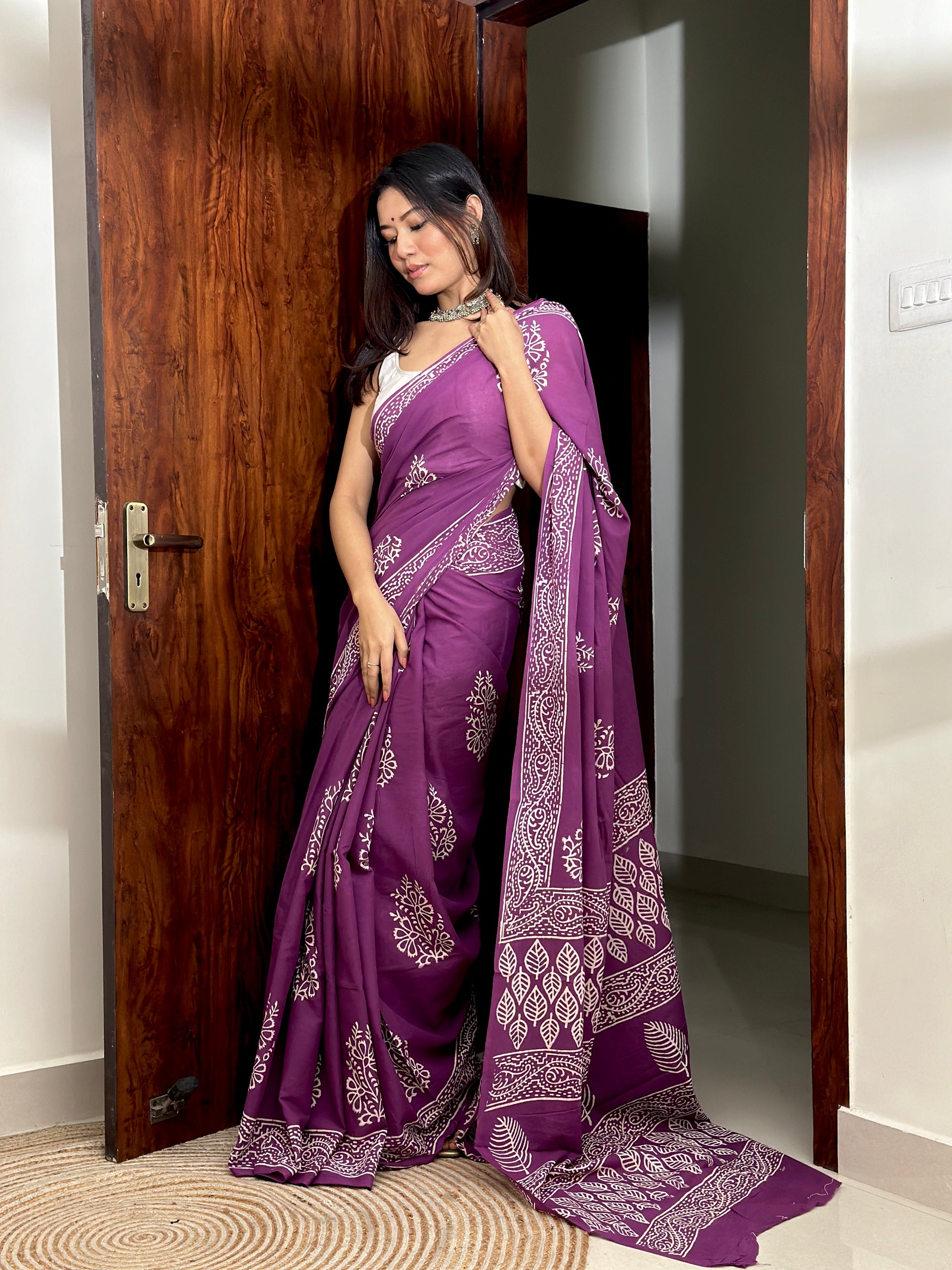 Poppins Collection - Purple Poppins Candy - Handblock Print Natural Dyed - Mulmul Cotton Saree