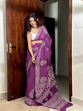 Poppins Collection - Purple Poppins Candy - Handblock Print Natural Dyed - Mulmul Cotton Saree