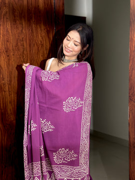 Poppins Collection - Purple Poppins Candy - Handblock Print Natural Dyed - Mulmul Cotton Saree