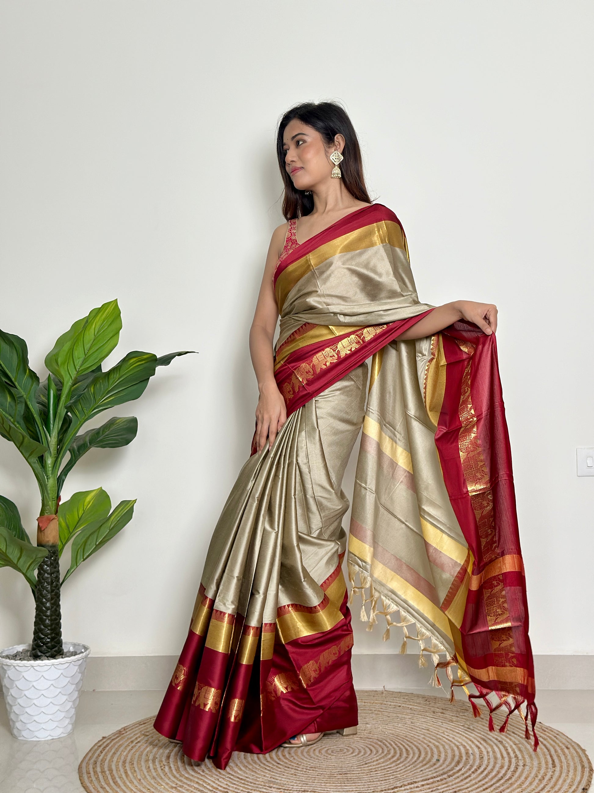 Warm Grey Beige - Handwoven - Silk Saree