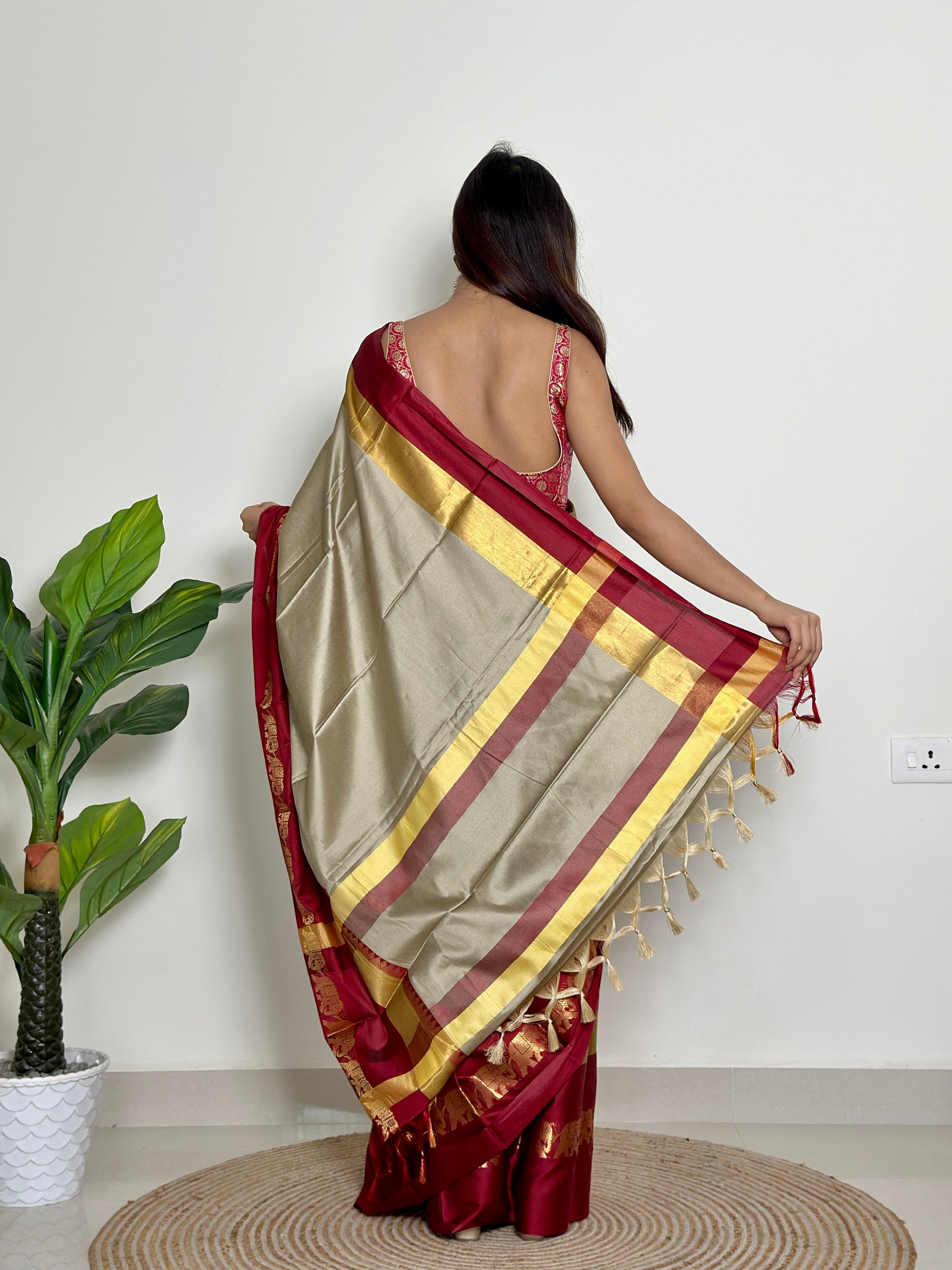 Warm Grey Beige - Handwoven - Silk Saree