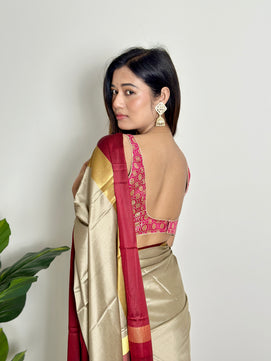 Warm Grey Beige - Handwoven - Silk Saree