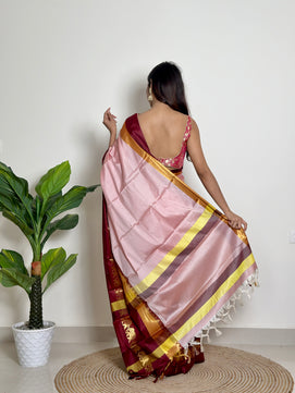 Rose Milk Pink - Handwoven - Silk Saree