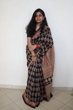 Ambika - Bagru Natural Dyes Handblock Printed - Chanderi Silk Saree