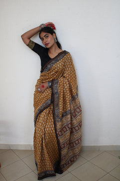 Lasya - Bagru Natural Dyes Handblock Printed - Chanderi Silk Saree