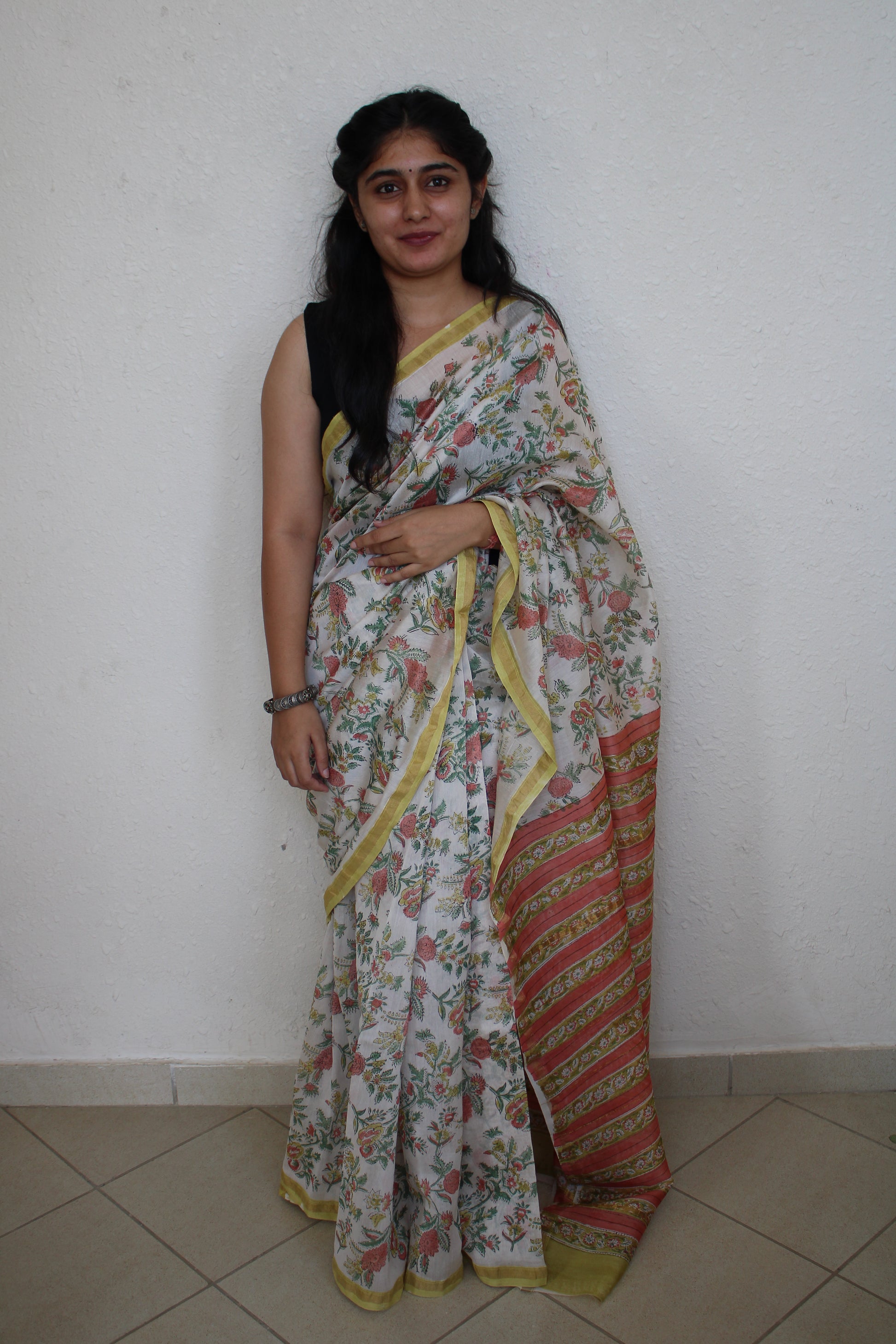 Gauri- Bagru Natural Dyes Handblock Printed - Chanderi Silk Saree