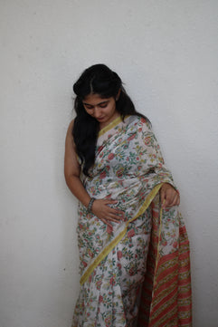 Gauri- Bagru Natural Dyes Handblock Printed - Chanderi Silk Saree