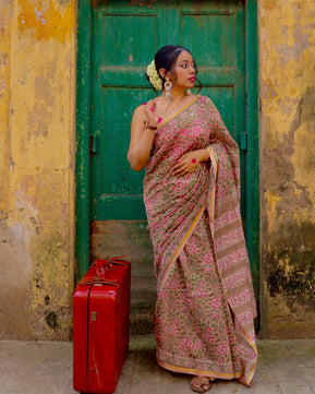 Latika - Bagru Natural Dyes Handblock Printed - Chanderi Silk Saree