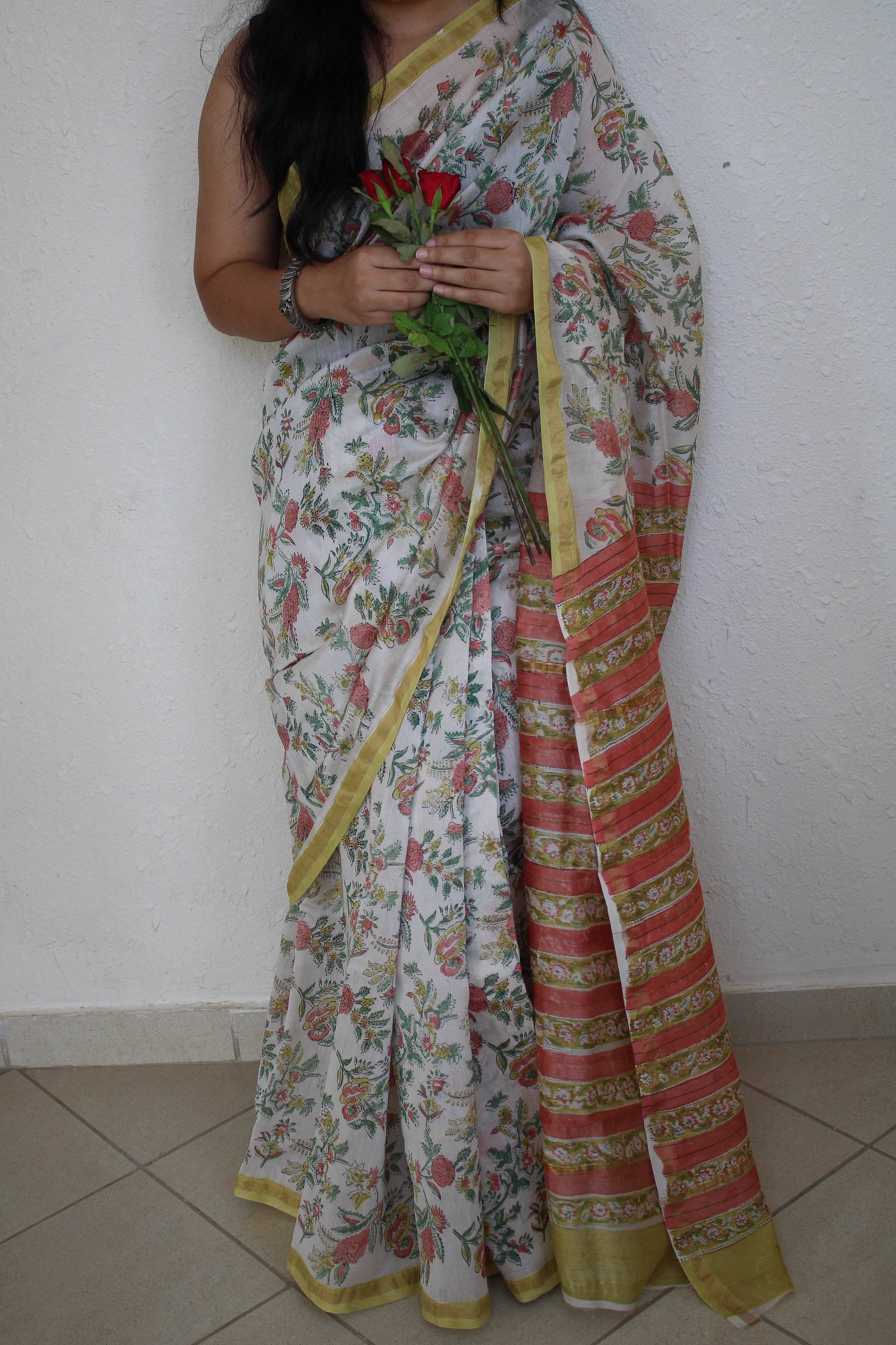 Gauri- Bagru Natural Dyes Handblock Printed - Chanderi Silk Saree