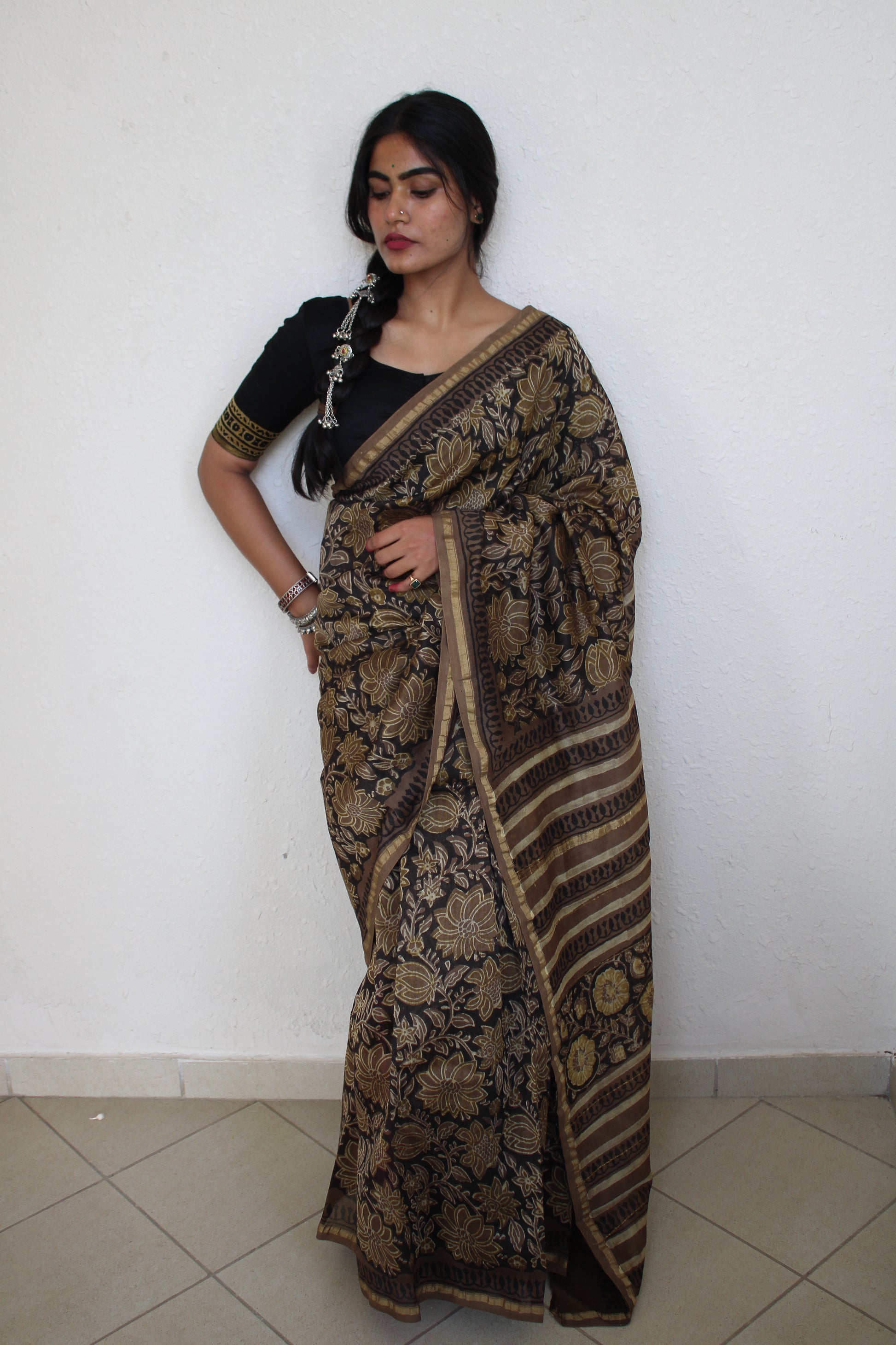 Amya- Bagru Natural Dyes Handblock Printed - Chanderi Silk Saree