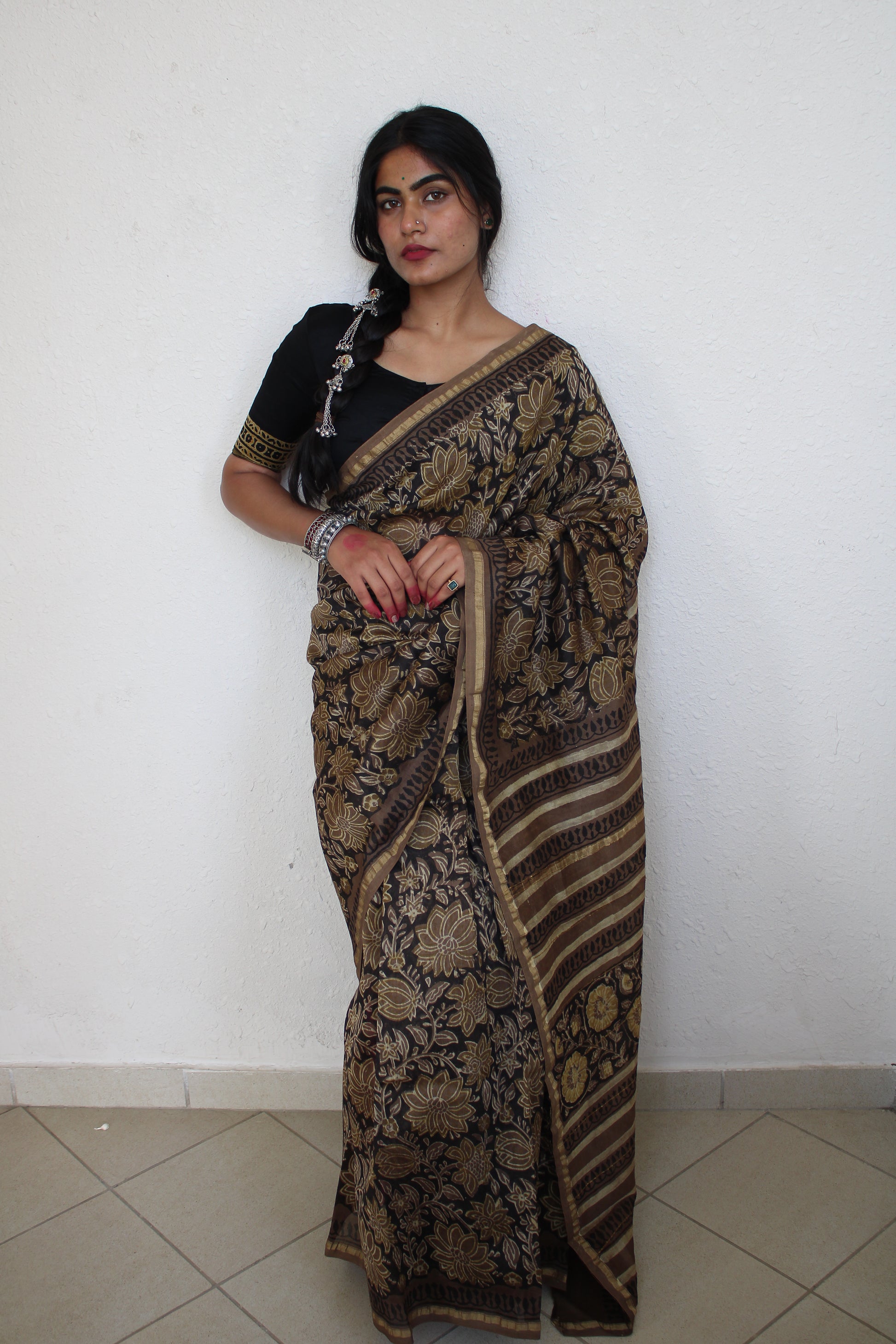 Amya- Bagru Natural Dyes Handblock Printed - Chanderi Silk Saree