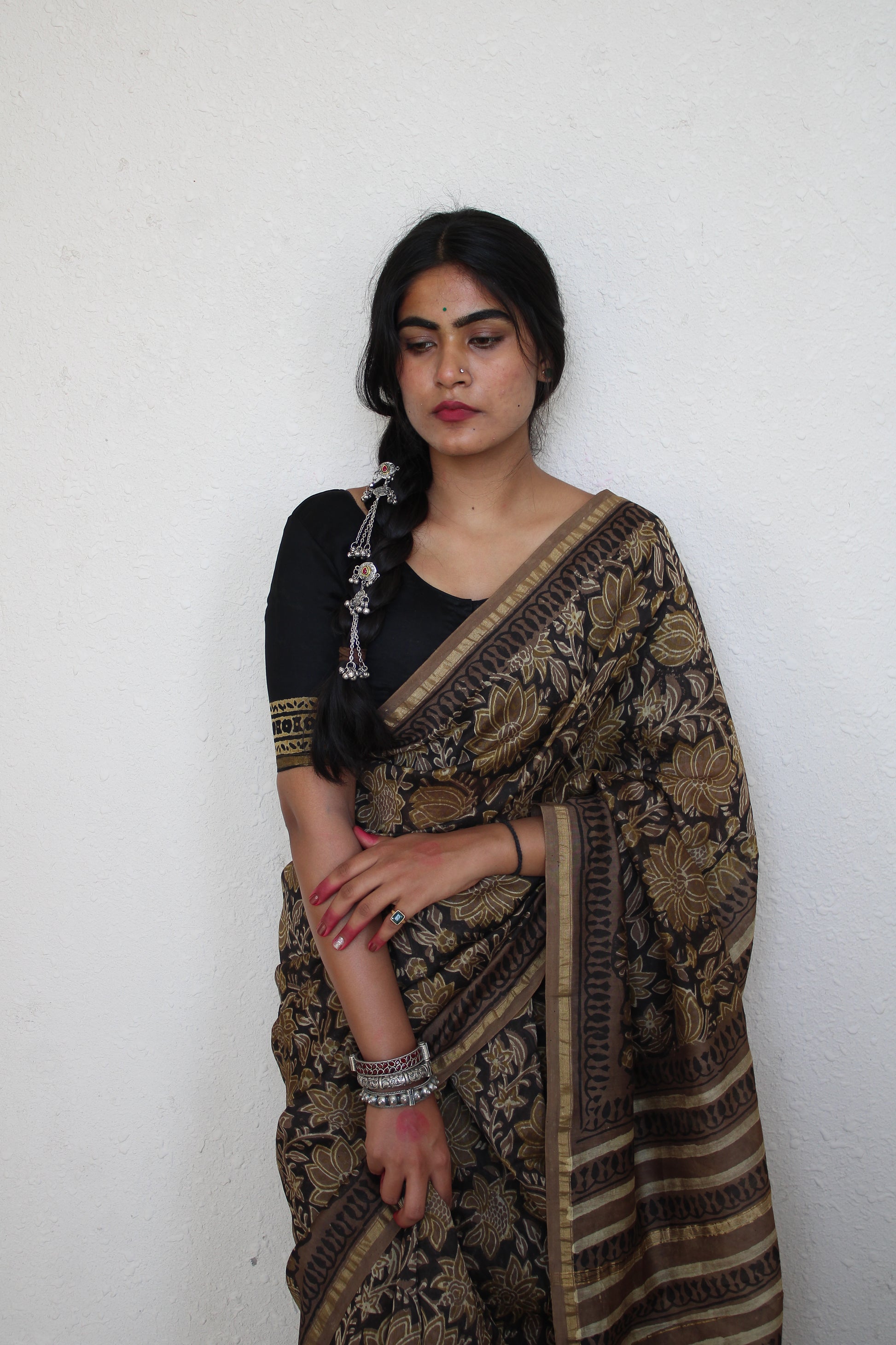 Amya- Bagru Natural Dyes Handblock Printed - Chanderi Silk Saree