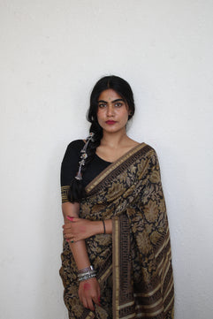 Amya- Bagru Natural Dyes Handblock Printed - Chanderi Silk Saree