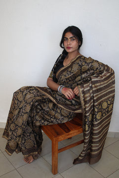 Amya- Bagru Natural Dyes Handblock Printed - Chanderi Silk Saree