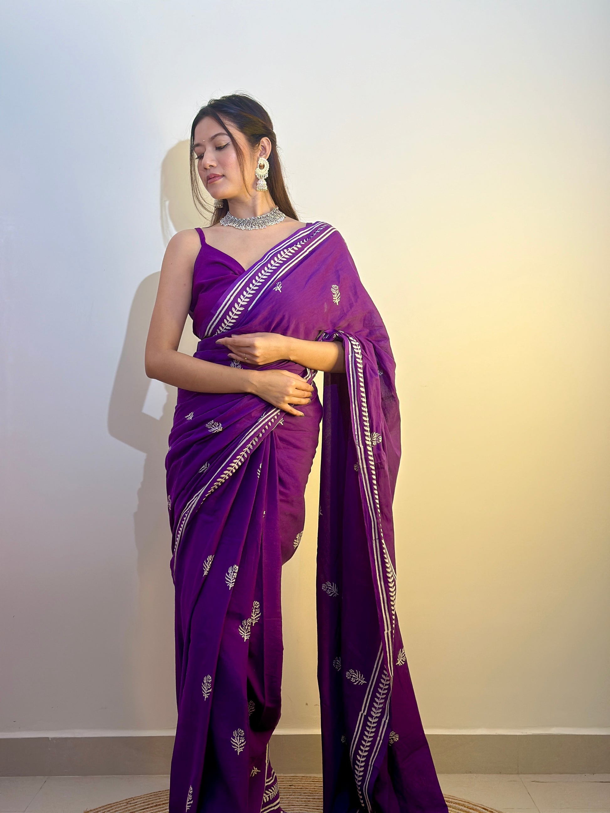 Party Purples - Handblock Print Natural Dyed - Mulmul Cotton Saree