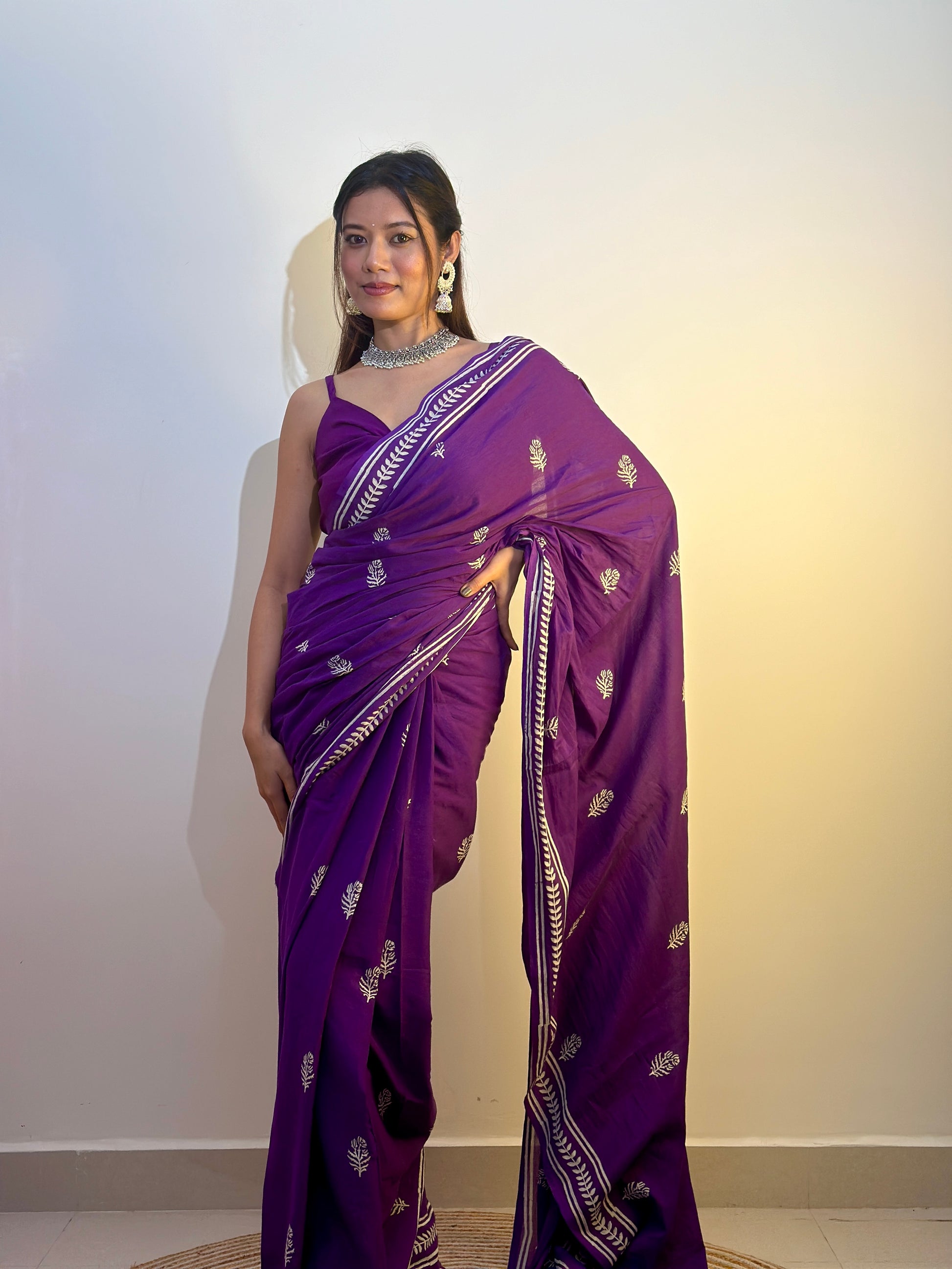 Party Purples - Handblock Print Natural Dyed - Mulmul Cotton Saree