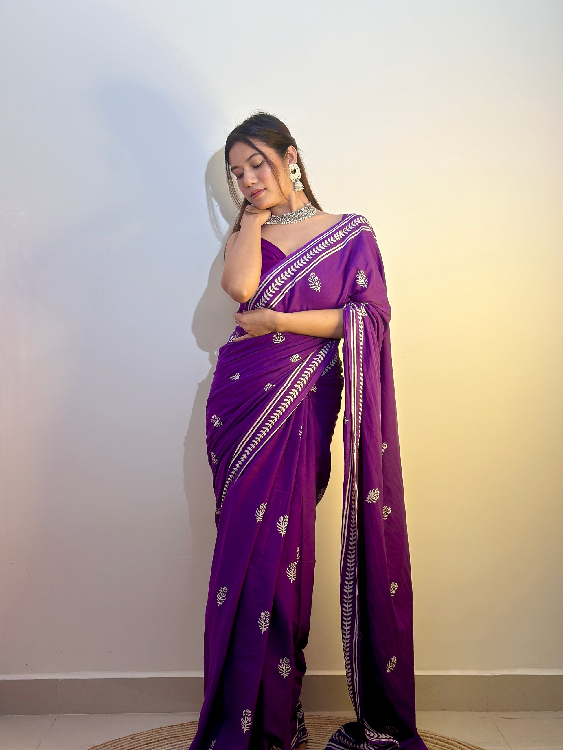 Party Purples - Handblock Print Natural Dyed - Mulmul Cotton Saree