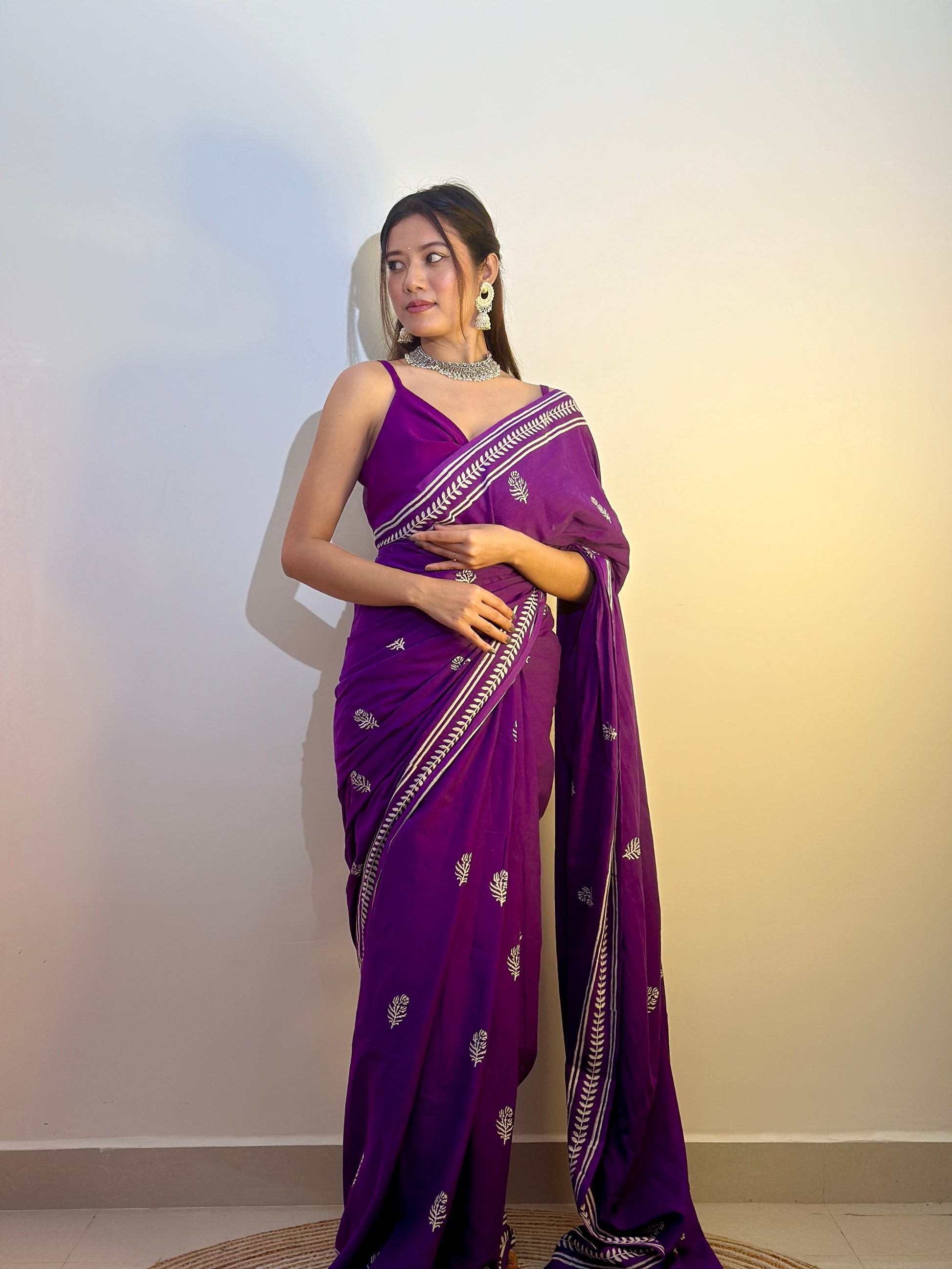 Party Purples - Handblock Print Natural Dyed - Mulmul Cotton Saree