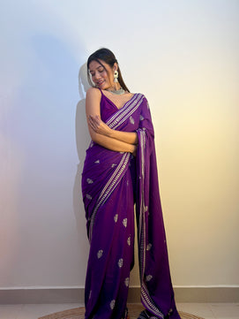 Party Purples - Handblock Print Natural Dyed - Mulmul Cotton Saree