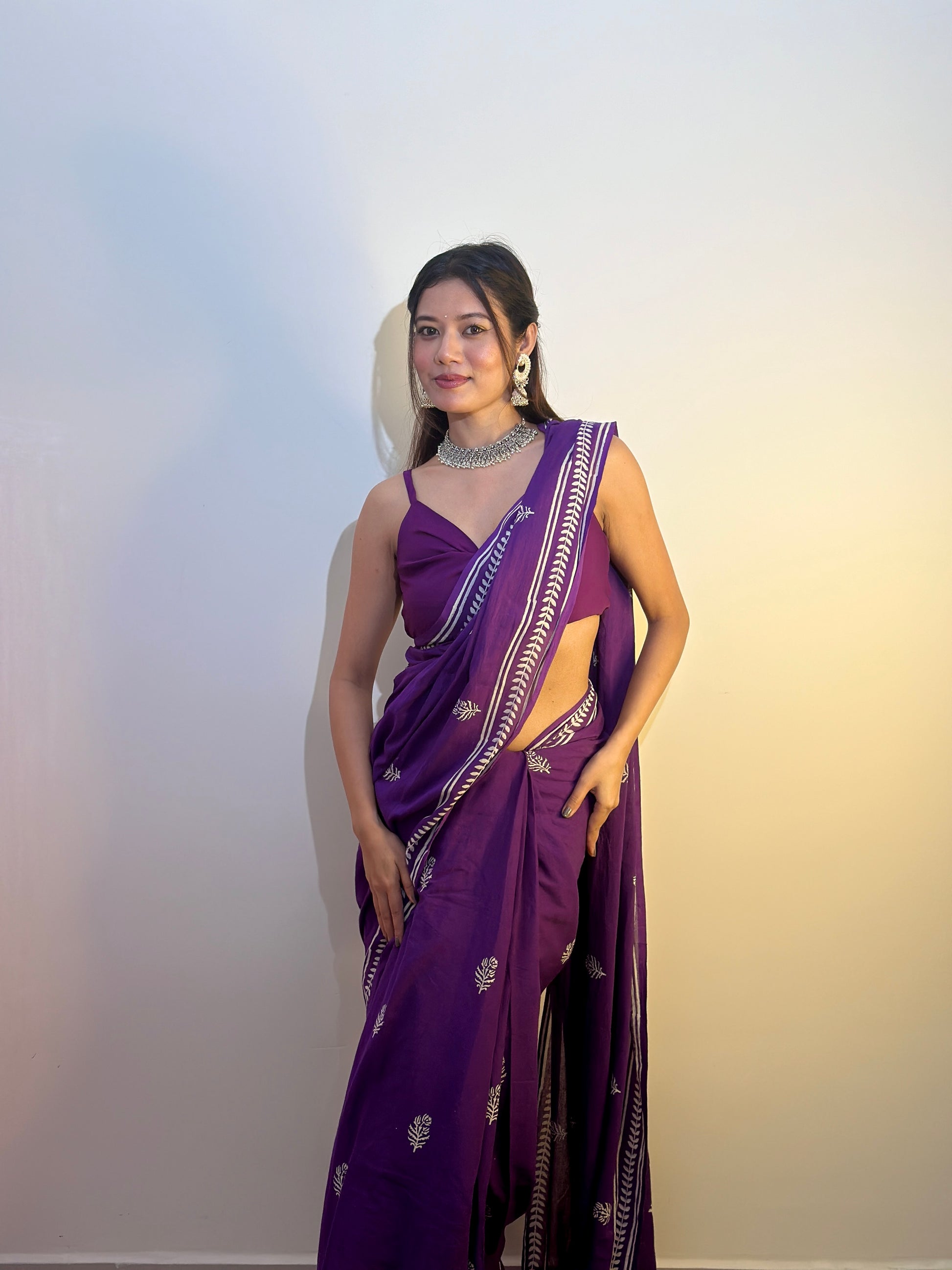 Party Purples - Handblock Print Natural Dyed - Mulmul Cotton Saree