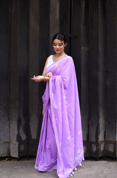 Lavender Secret - Handblock Print Natural Dyed -  Mulmul Cotton Saree