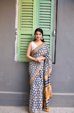 Blue Jasmine - Bagru Handblock Print Natural Dyed -  Blue Mulmul Cotton Saree