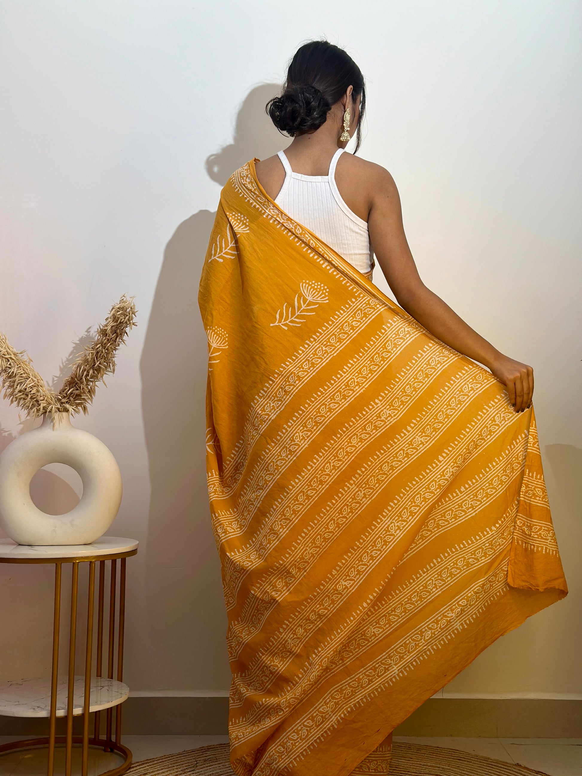 Basant Bloom - Handblock Print Natural Dyed - Mulmul Cotton Saree