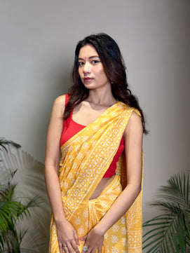 Poppins Collection - Yellow Poppins Candy - Handblock Print Natural Dyed - Mulmul Cotton Saree