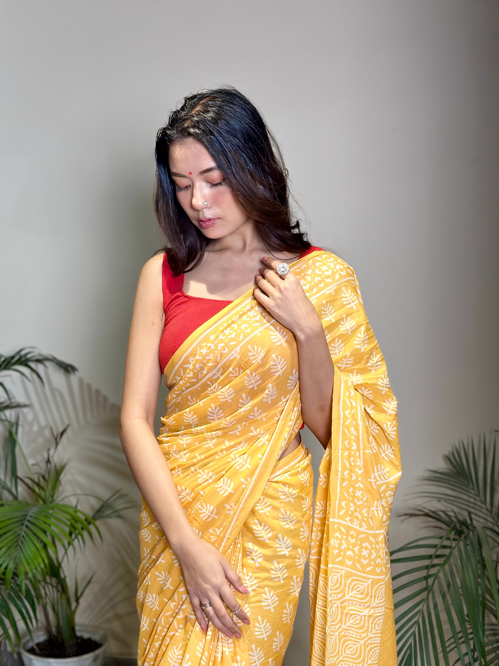 Poppins Collection - Yellow Poppins Candy - Handblock Print Natural Dyed - Mulmul Cotton Saree