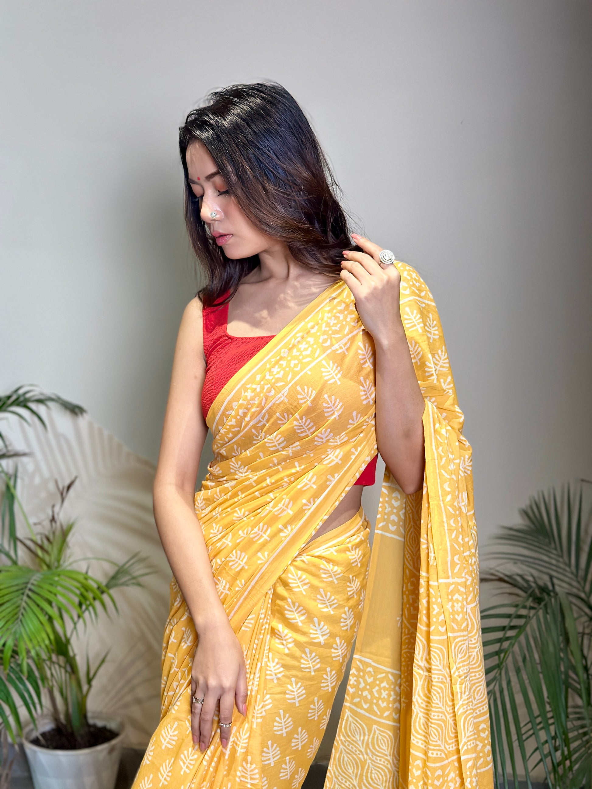 Poppins Collection - Yellow Poppins Candy - Handblock Print Natural Dyed - Mulmul Cotton Saree