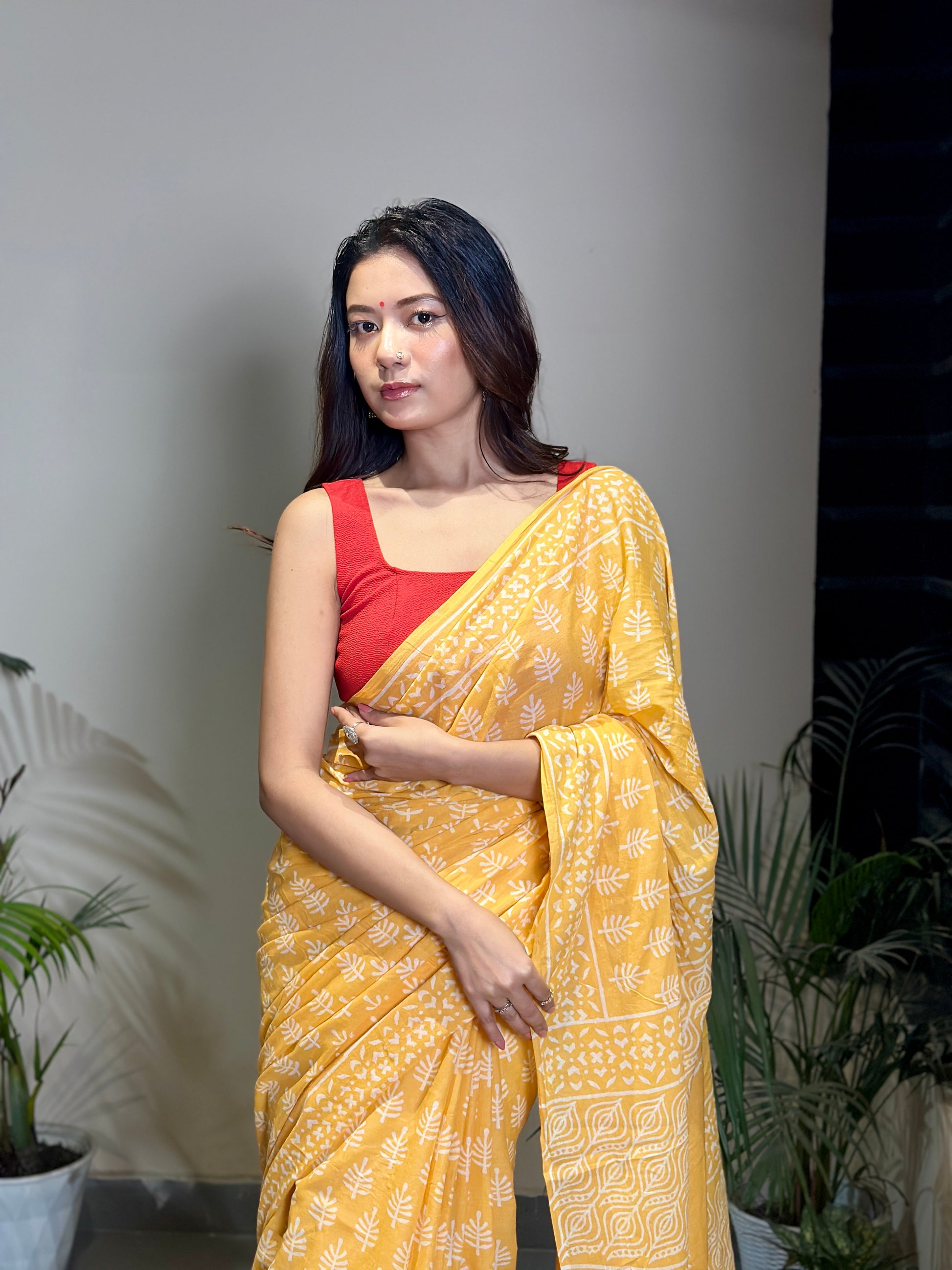 Poppins Collection - Yellow Poppins Candy - Handblock Print Natural Dyed - Mulmul Cotton Saree