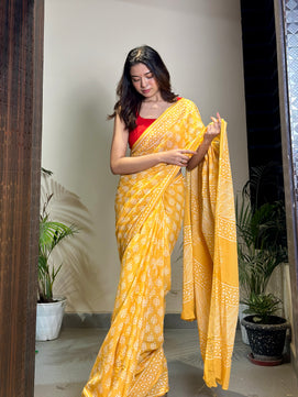 Poppins Collection - Yellow Poppins Candy - Handblock Print Natural Dyed - Mulmul Cotton Saree