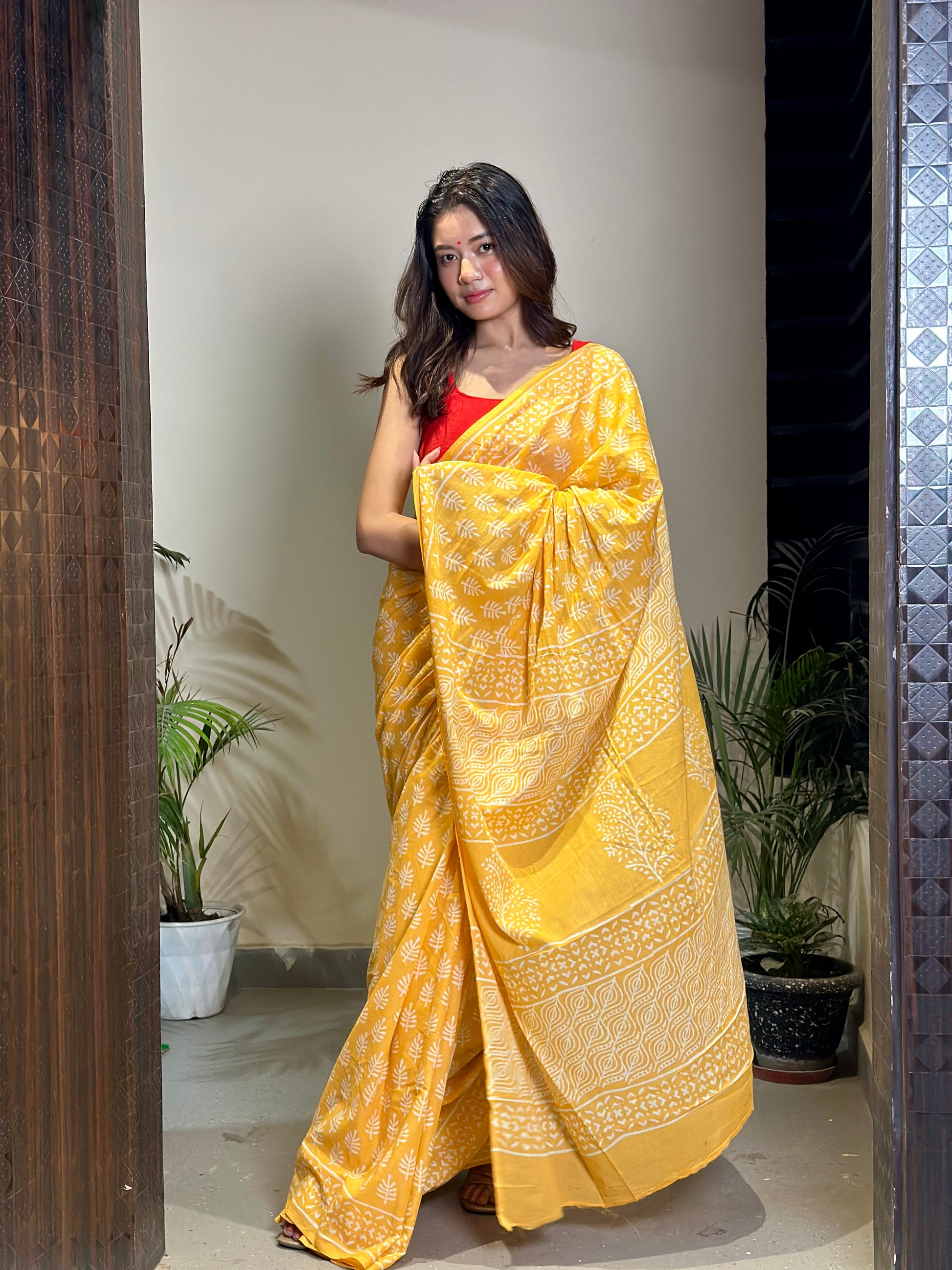 Poppins Collection - Yellow Poppins Candy - Handblock Print Natural Dyed - Mulmul Cotton Saree