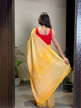 Poppins Collection - Yellow Poppins Candy - Handblock Print Natural Dyed - Mulmul Cotton Saree