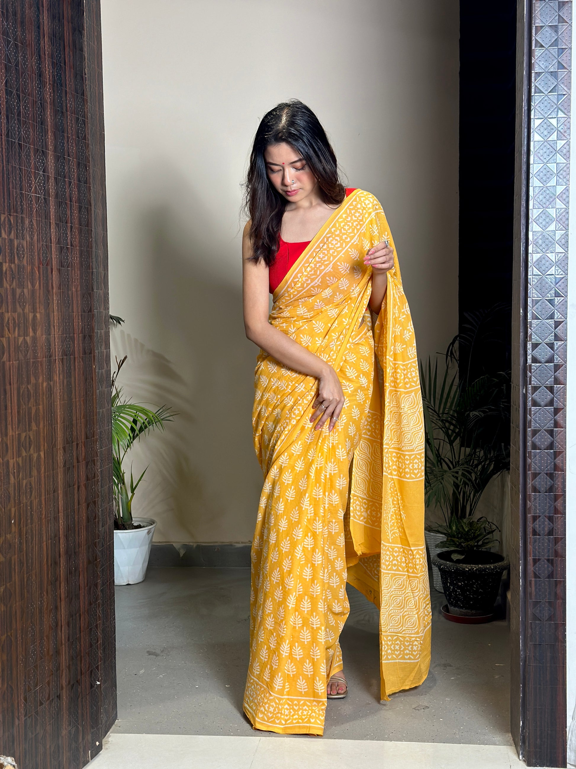 Poppins Collection - Yellow Poppins Candy - Handblock Print Natural Dyed - Mulmul Cotton Saree