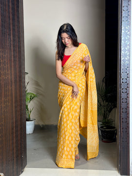 Poppins Collection - Yellow Poppins Candy - Handblock Print Natural Dyed - Mulmul Cotton Saree